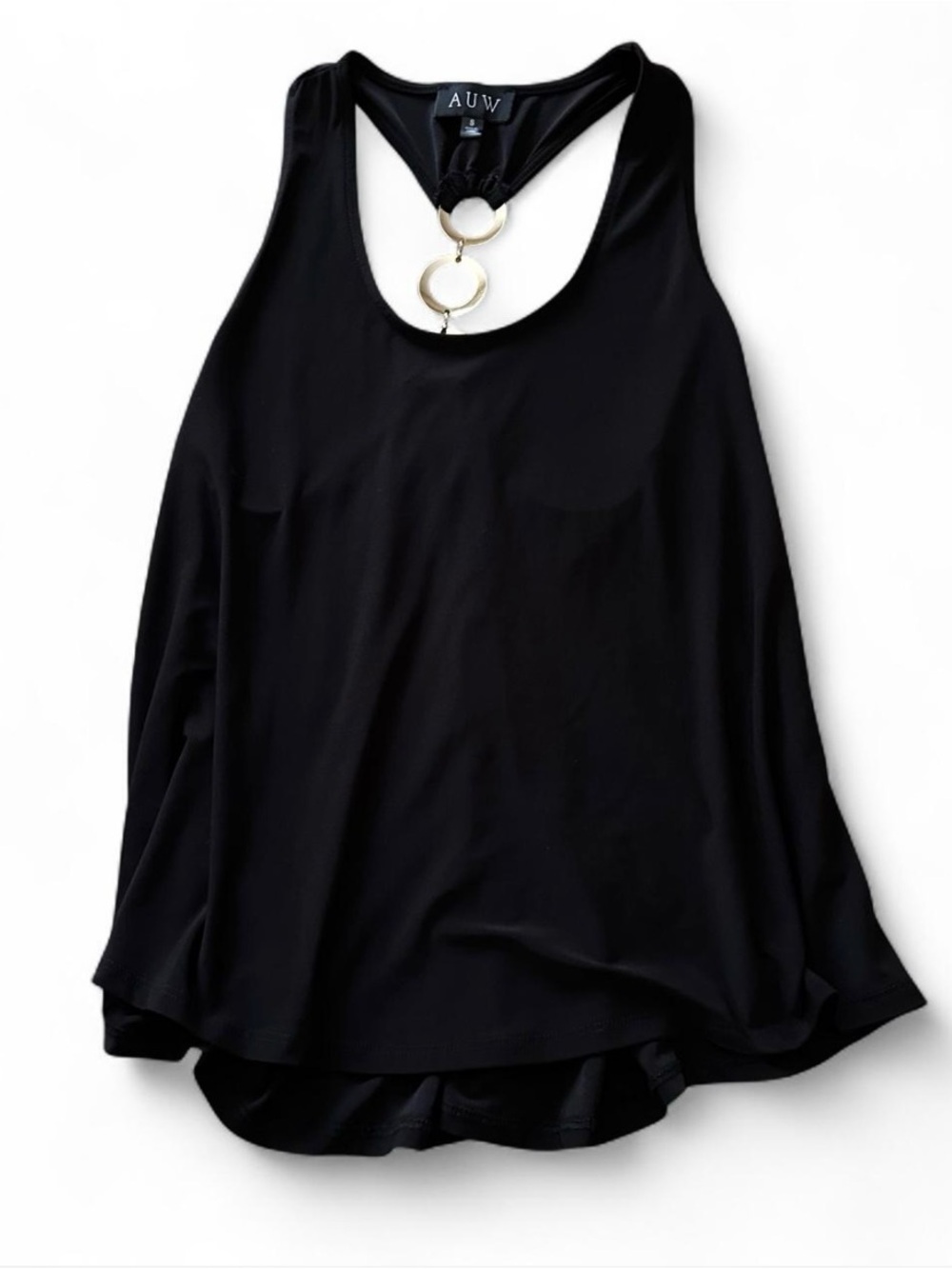 AUW black sleeveless top with back gold circle hardware